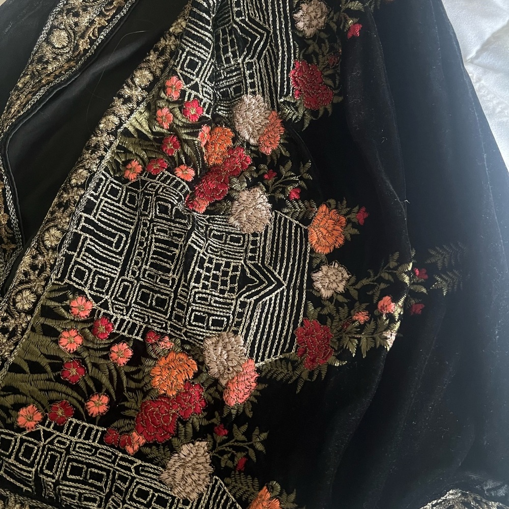 Black full size velvet shawl with heavy embroidery on corners and tassel